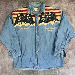 Men's Vintage 90's Shooter Mount Rushmore Denim Pearl Snap Western Shirt Sz 2XL